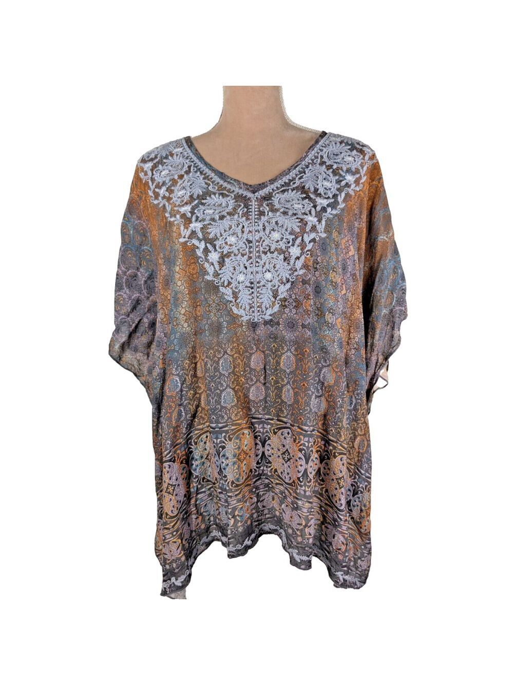 John Mark Embroidered Blue Orange Velvet Burnout Mixed Media Tunic Poncho Top L